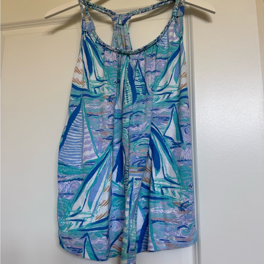 Lilly Pulitzer Blue and Green Sailboat Tank Top